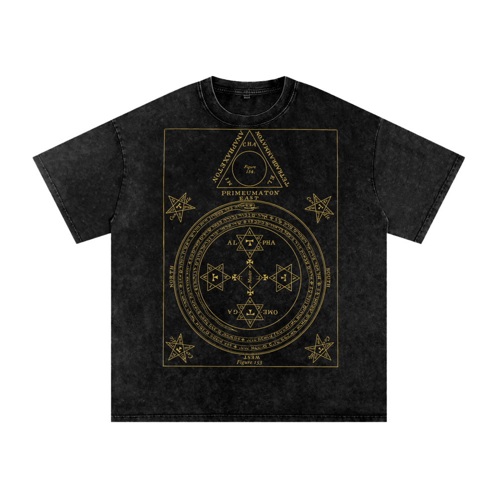 Black t-shirt with gold geometric design on a white background