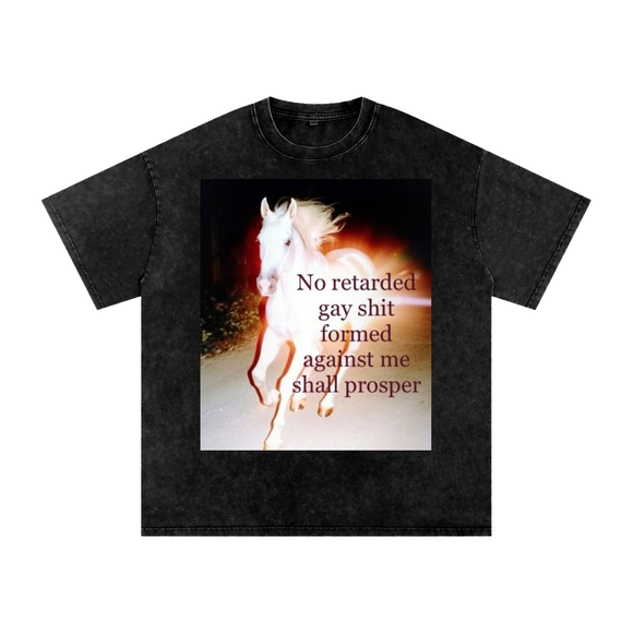 Black t-shirt with graphic design and text on a white background