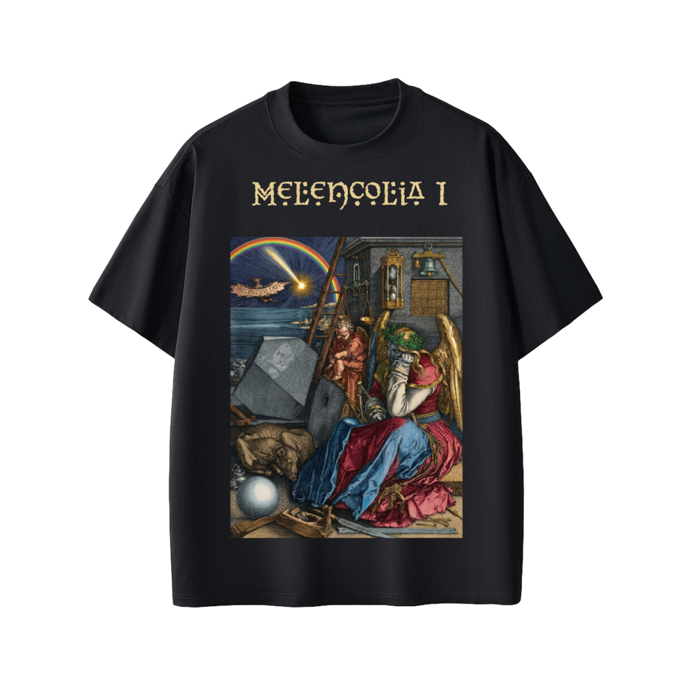 Black t-shirt with 'Melencolia I' design featuring a classical painting on a white background