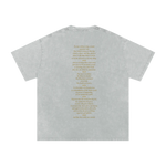 Gray t-shirt with text on the back on a white background