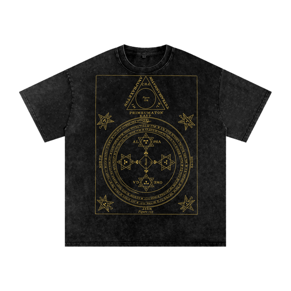Black t-shirt with gold geometric design on a white background