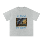 Gray t-shirt with a graphic design and text 'AS ABOVE SO BELOW' on a white background