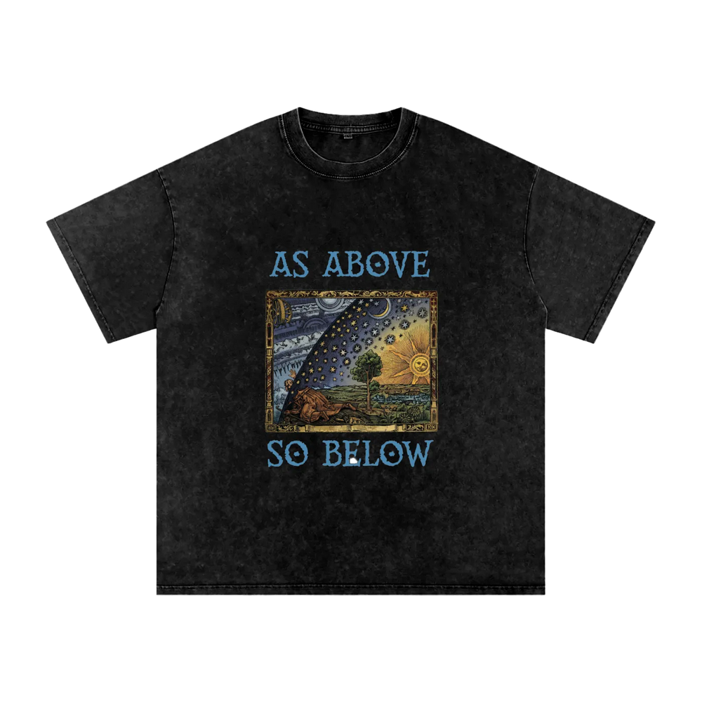 Black t-shirt with 'As Above So Below' graphic design on a white background