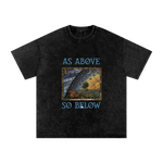 Black t-shirt with 'As Above So Below' graphic design on a white background