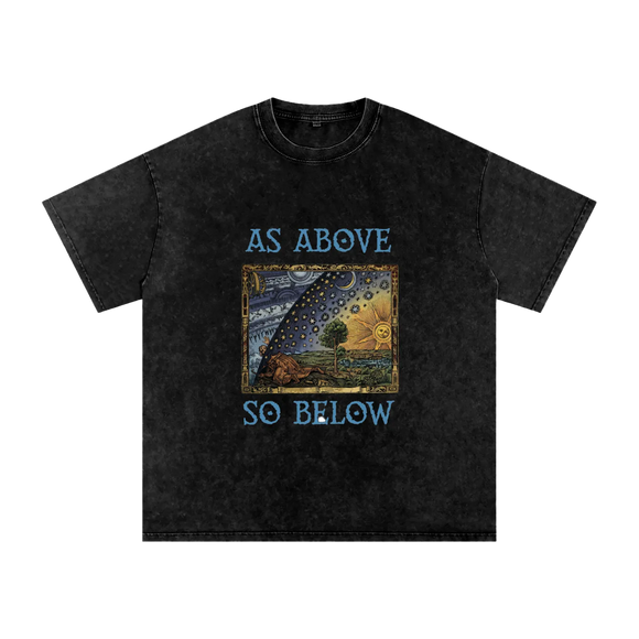 Black t-shirt with 'As Above So Below' graphic design on a white background