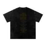 Black t-shirt with yellow text on the back against a white background