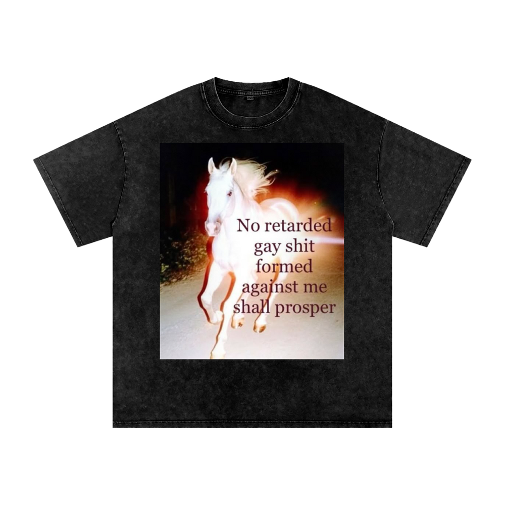 Black t-shirt with graphic design and text on a white background