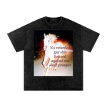 Black t-shirt with graphic design and text on a white background