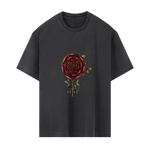 Close up of alchemical rose and bees design on hermetic t‑shirt