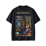 Black t-shirt with 'Melencolia I' design featuring a classical painting on a white background