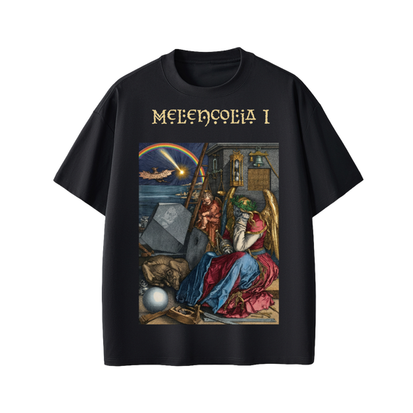 Black t-shirt with 'Melencolia I' design featuring a classical painting on a white background