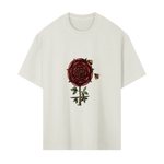 Close up of alchemical rose and bees design on hermetic t‑shirt