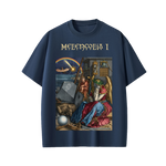 Navy blue t-shirt with 'Melencolia I' artwork on a white background