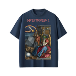Navy blue t-shirt with 'Melencolia I' graphic design on a white background