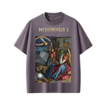 Purple t-shirt with 'Melencolia I' graphic design on a white background