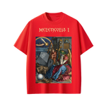 Red t-shirt with a graphic design and 'Melencolia I' text on a white background
